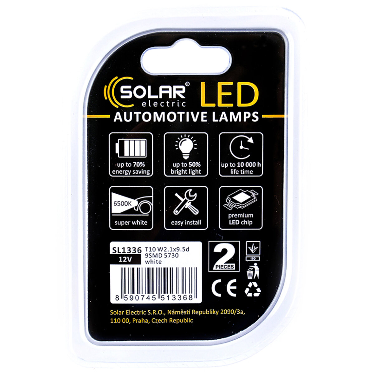 LED автолампа Solar 12V T10 W2.1x9.5d 9SMD white, 2шт (SL1336) дивитися фото №2