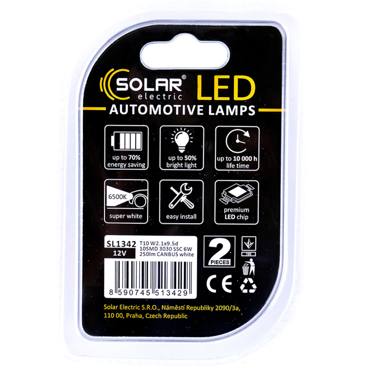 LED автолампа Solar 12V T10 W2.1x9.5d 10SMD white, 2шт SL1342 (SL1342) дивитися фото №2