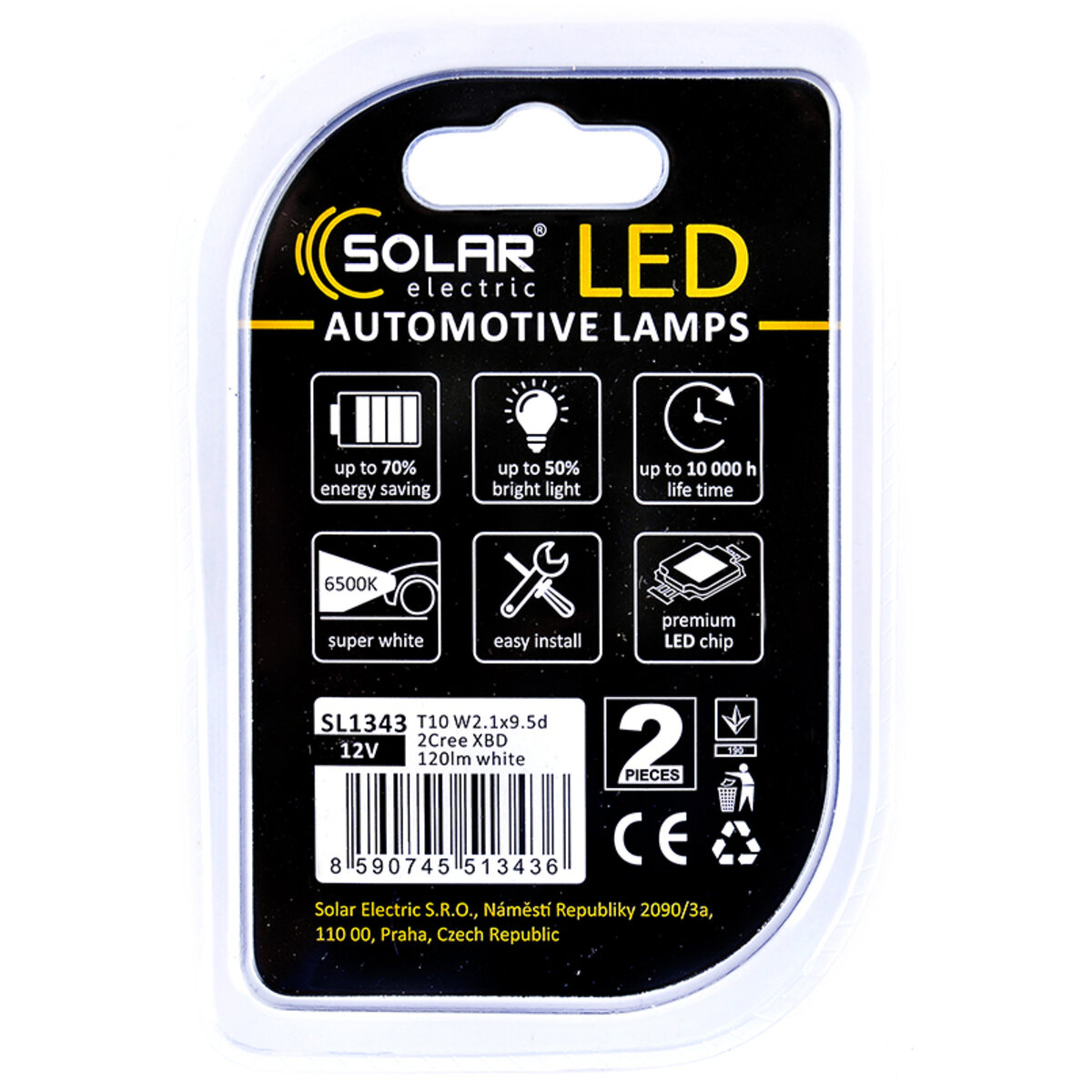 LED автолампа Solar 12V T10 W2.1x9.5d white, 2шт (SL1343) дивитися фото №2