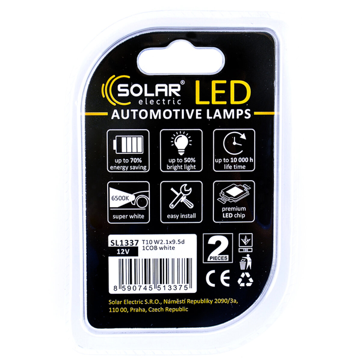 LED автолампа Solar 12V T10 W2.1x9.5d 1COB white, 2шт SL1337 (SL1337) дивитися фото №2