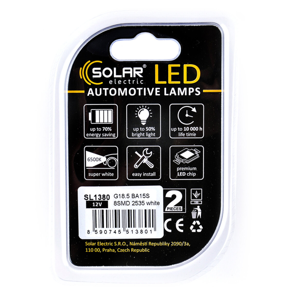 LED автолампа Solar 12V G18.5 BA15s 8SMD white, 2шт (SL1380) дивитися фото №2