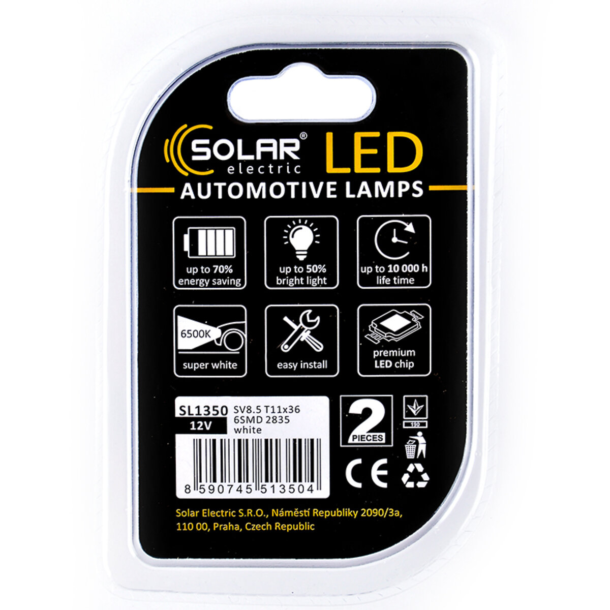 LED автолампа Solar 12V SV8.5 T11x36 6SMD white, 2шт SL1350 (SL1350) дивитися фото №2