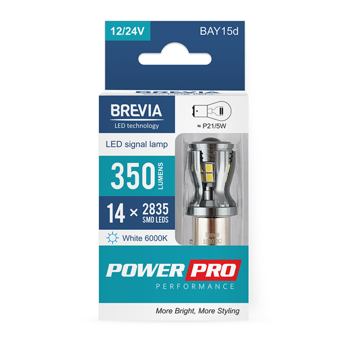 LED автолампа Brevia PowerPro P21/5W 350Lm 14x2835SMD 12/24V CANbus, 2шт (10303X2) дивитися фото №1