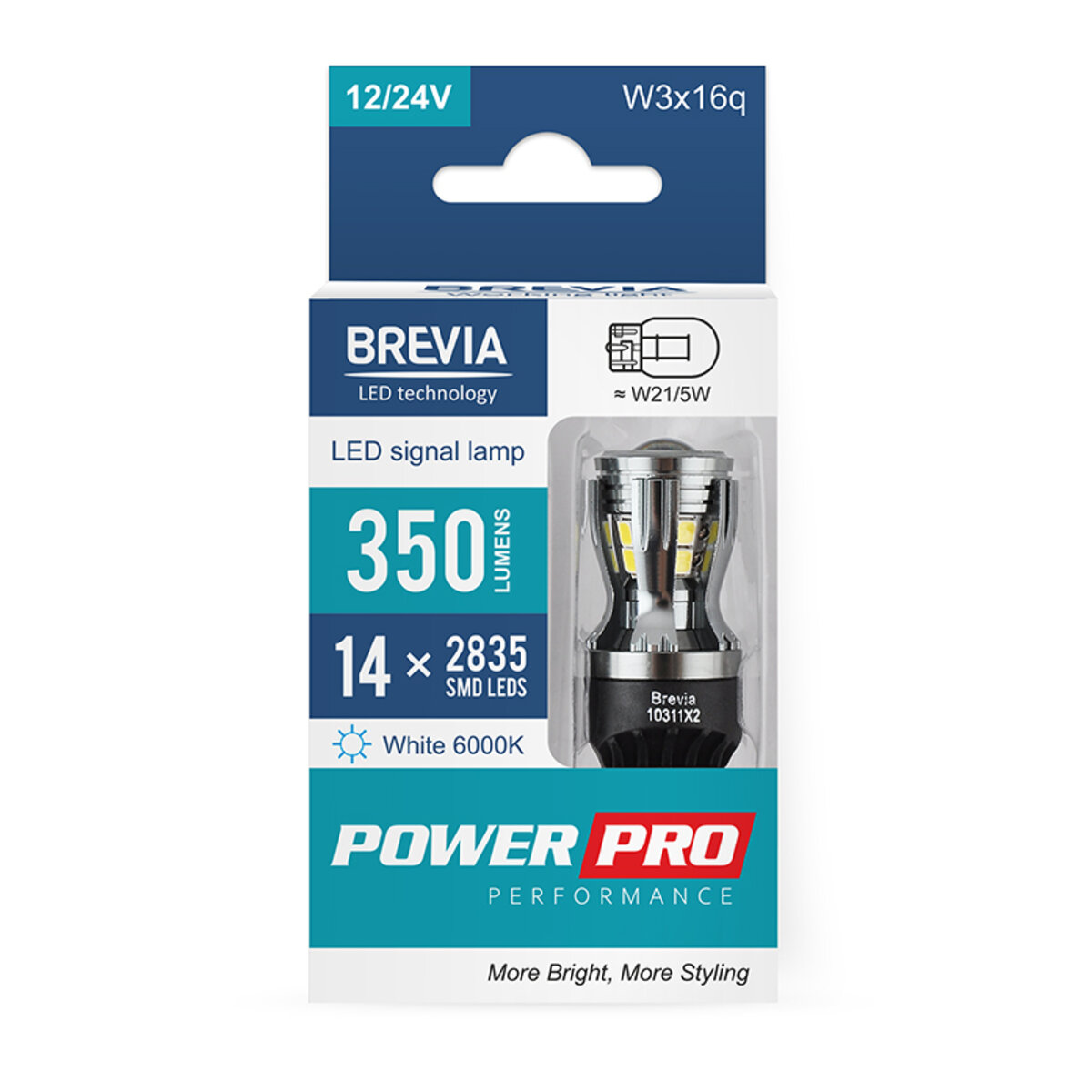 LED автолампа Brevia PowerPro W21/5W 350Lm 14x2835SMD 12/24V CANbus, 2шт (10311X2) дивитися фото №1