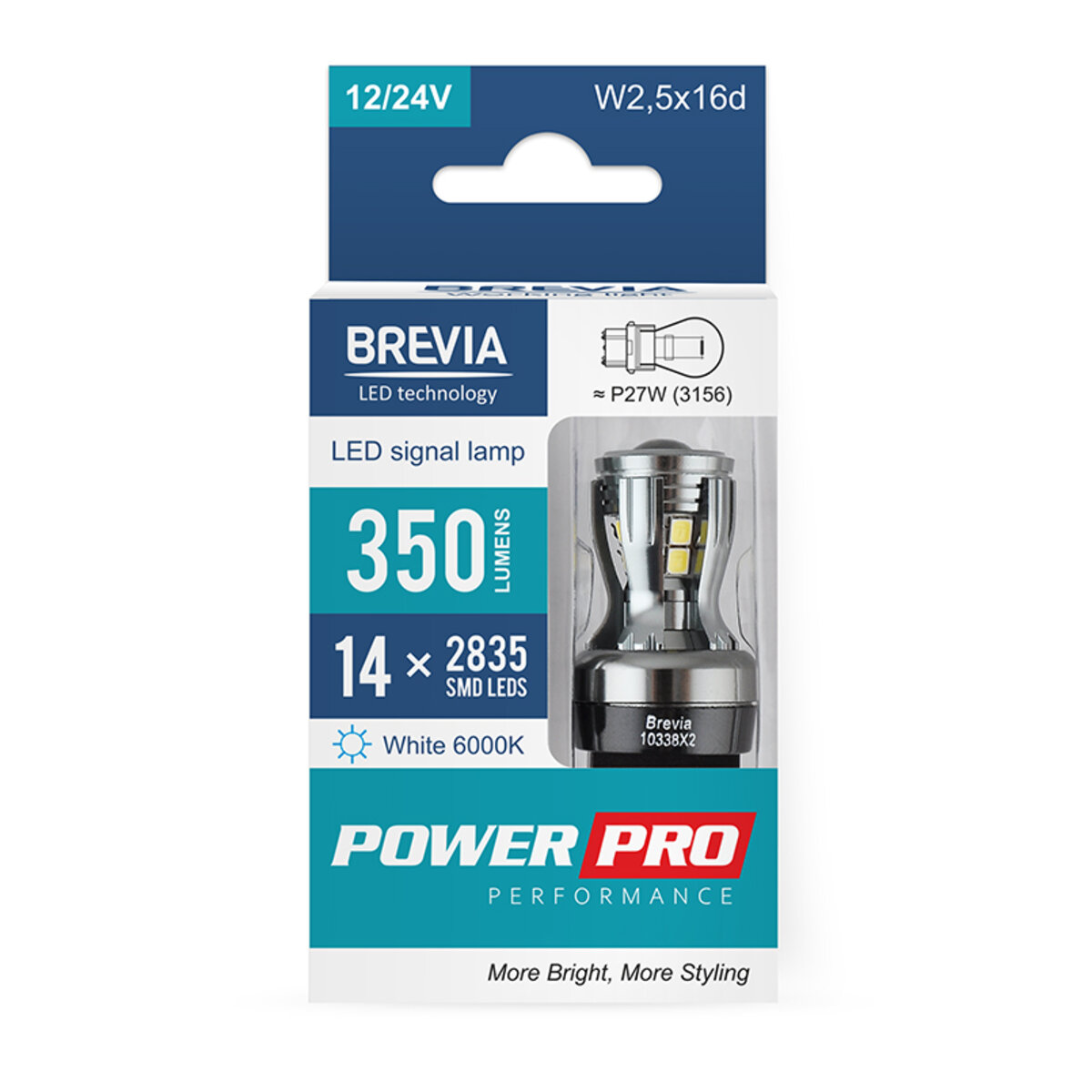 LED автолампа Brevia PowerPro P27W (3156) 350Lm 14x2835SMD 12/24V CANbus, 2шт (10338X2) дивитися фото №1