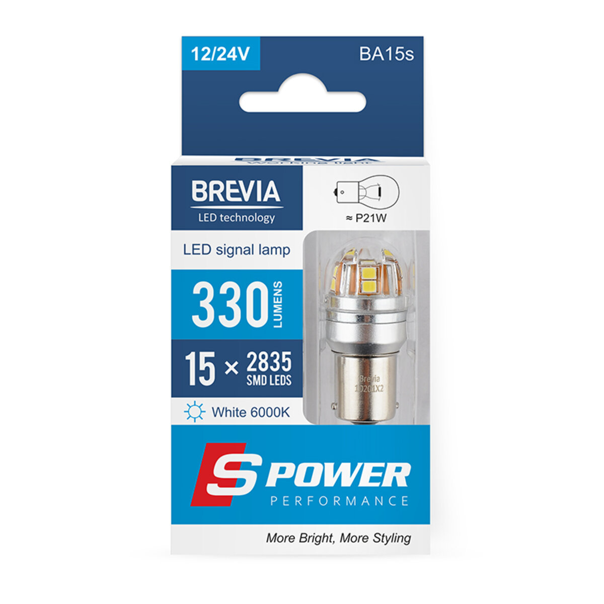 LED автолампа Brevia S-Power P21W 330Lm 15x2835SMD 12/24V CANbus, 2шт (10201X2) дивитися фото №1