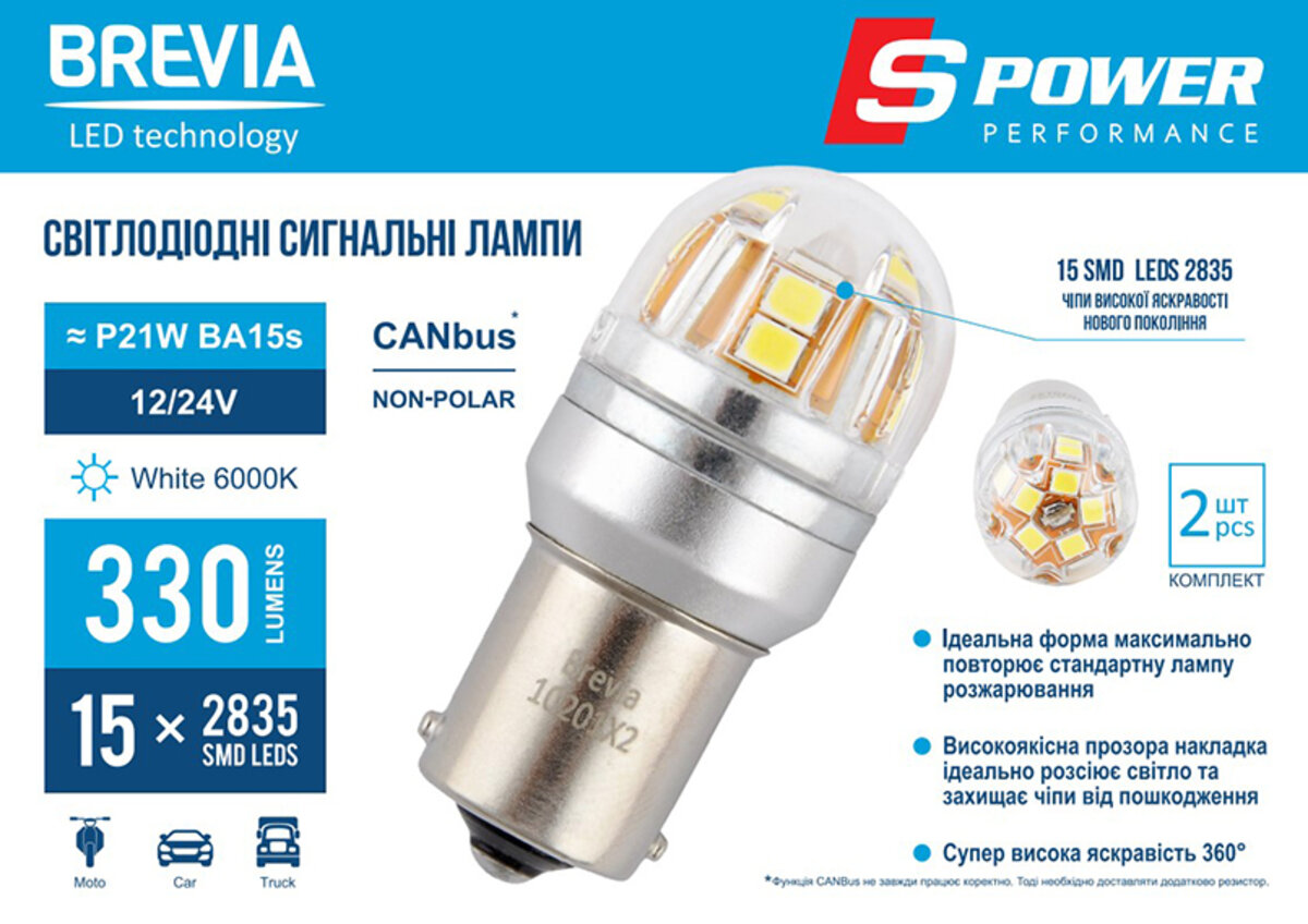 LED автолампа Brevia S-Power P21W 330Lm 15x2835SMD 12/24V CANbus, 2шт (10201X2) дивитися фото №2