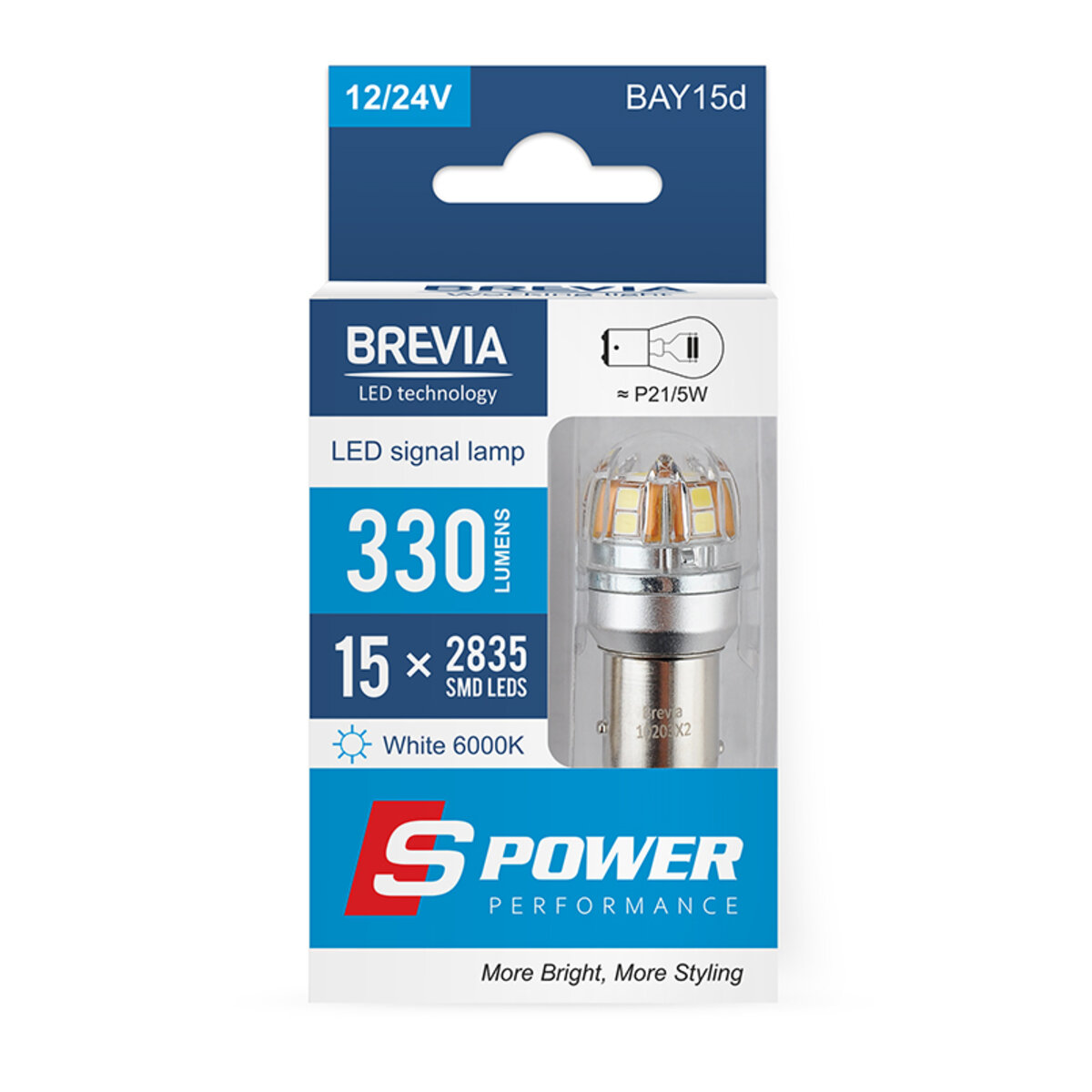 LED автолампа Brevia S-Power P21/5W 330Lm 15x2835SMD 12/24V CANbus, 2шт (10203X2) дивитися фото №1