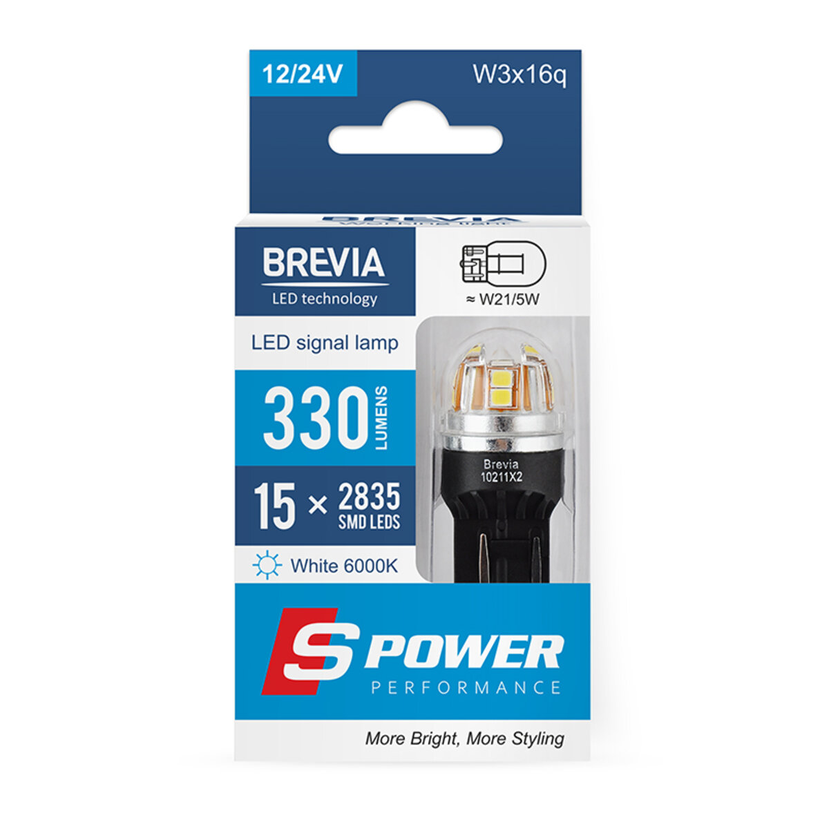 LED автолампа Brevia S-Power W21/5W 330Lm 15x2835SMD 12/24V CANbus, 2шт (10211X2) дивитися фото №1