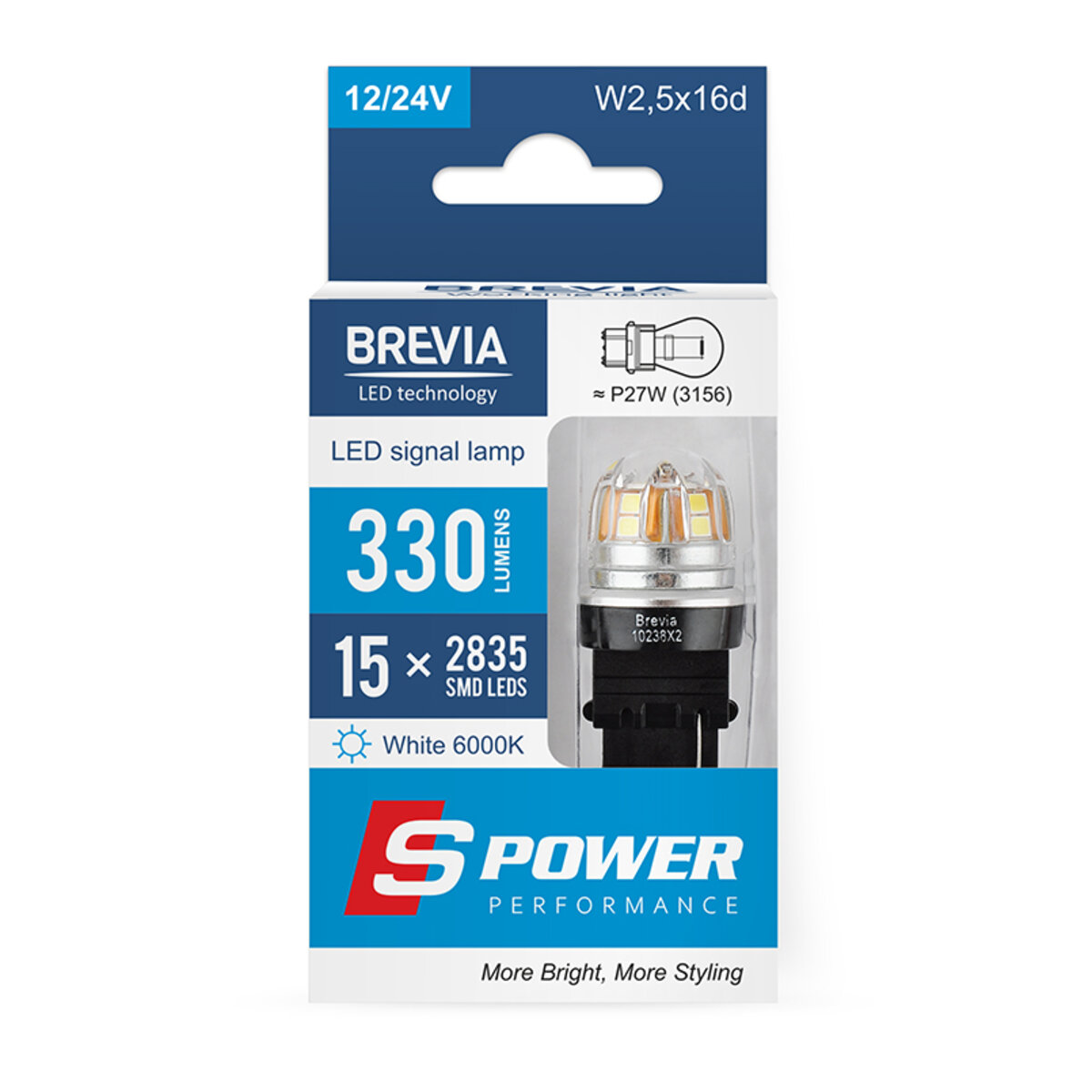 LED автолампа Brevia S-Power P27W (3156) 330Lm 15x2835SMD 12/24V CANbus, 2шт (10238X2) смотреть фото №1