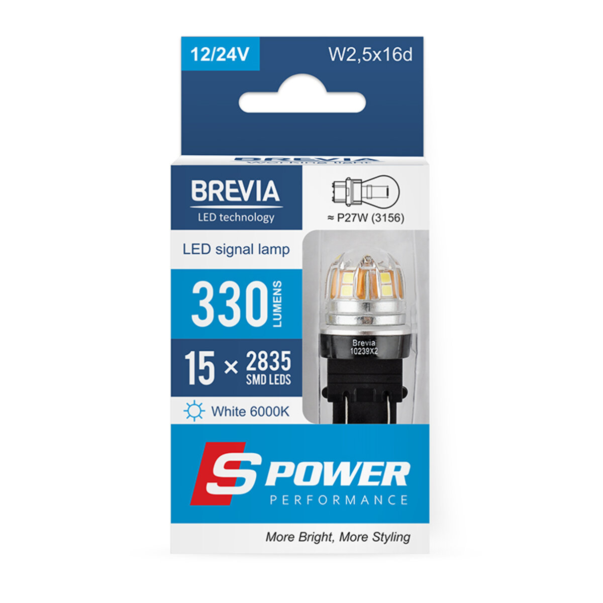 LED автолампа Brevia S-Power P27/7W (3157) 330Lm 15x2835SMD 12/24V CANbus 2шт (10239X2) дивитися фото №1