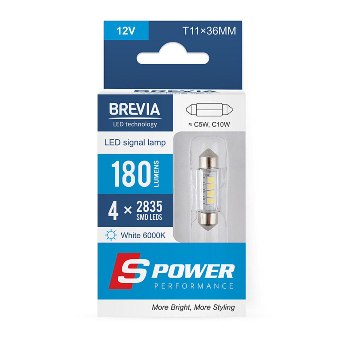 LED автолампа Brevia S-Power C5W (C10W) T11x36 180Lm 4x2835SMD 12V CANbus, 2шт (10214X2) дивитися фото №1