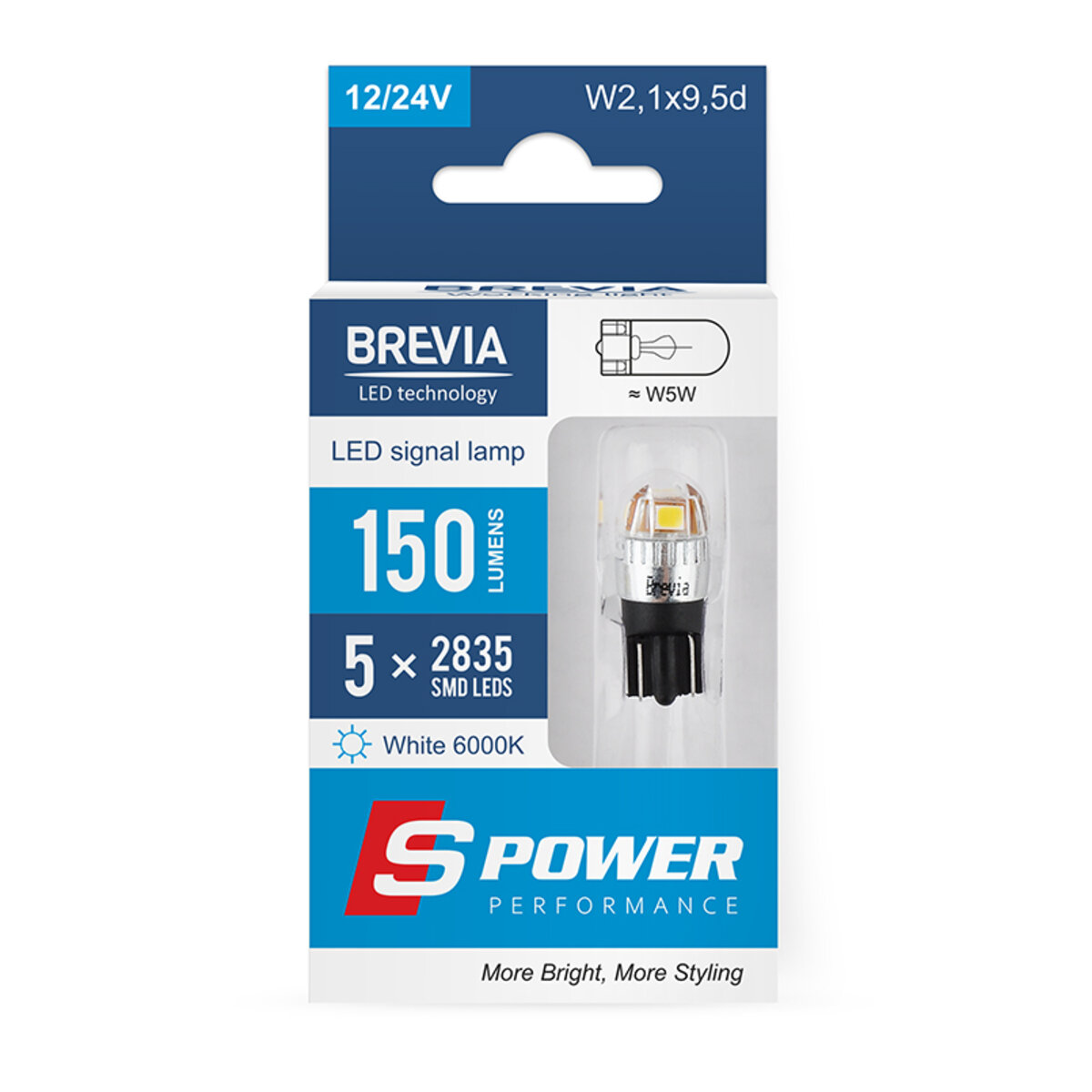 LED автолампа Brevia S-Power W5W 150Lm 5x2835SMD 12/24V CANbus, 2шт (10208X2) дивитися фото №1