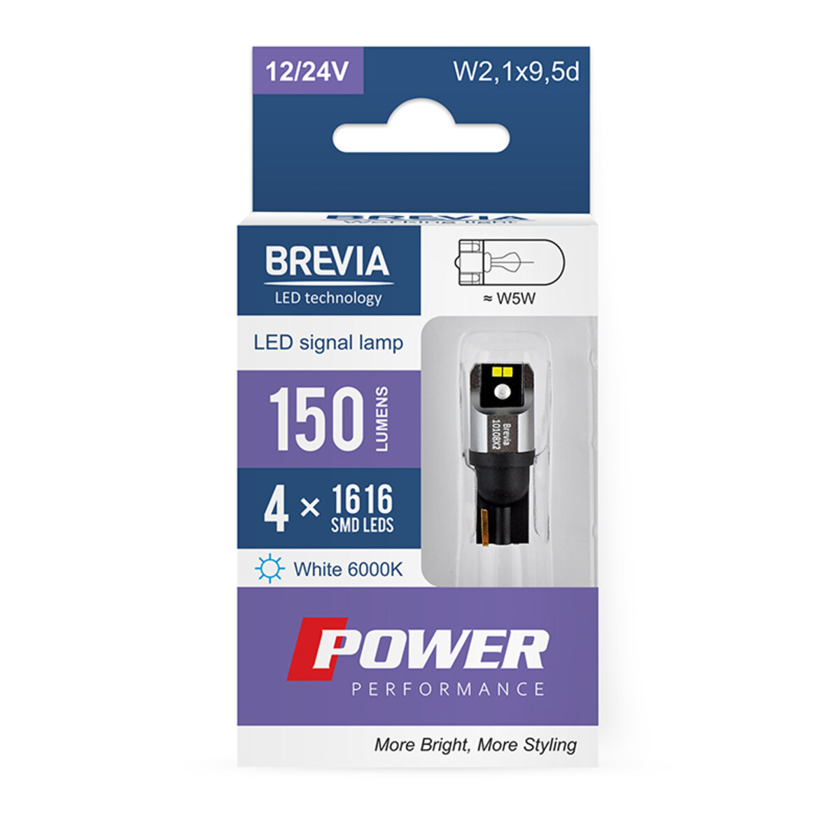 LED автолампа Brevia Power W5W 150Lm 4x1616SMD 12/24V CANbus, 2шт (10108X2) дивитися фото №1