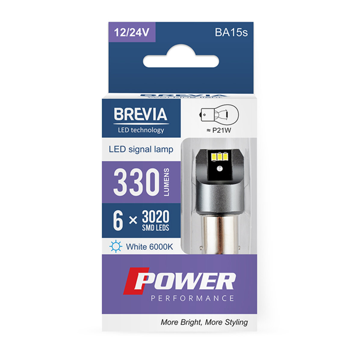 LED автолампа Brevia Power P21W 330Lm 6x3020SMD 12/24V CANbus, 2шт (10101X2) дивитися фото №1