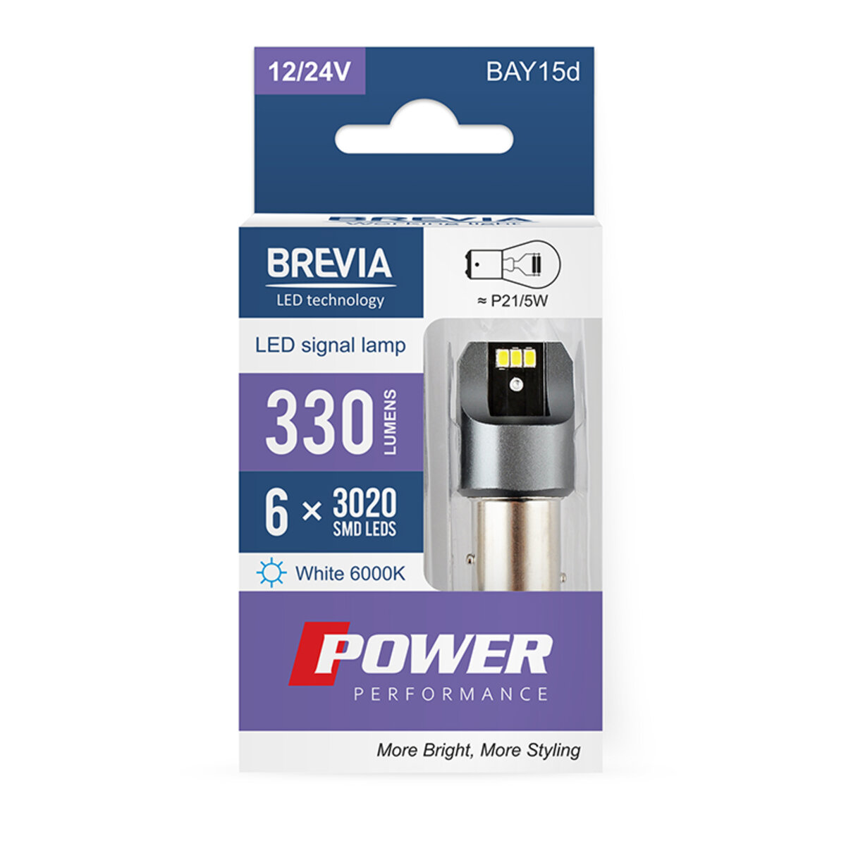 LED автолампа Brevia Power P21/5W 330Lm 6x3020SMD 12/24V CANbus, 2шт (10103X2) дивитися фото №1