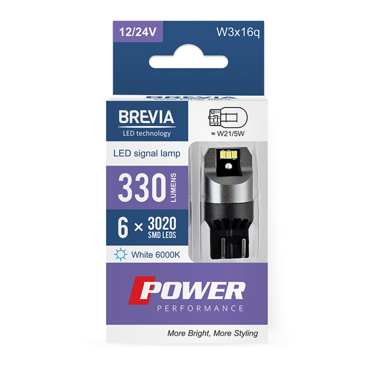 LED автолампа Brevia Power W21/5W 330Lm 6x3020SMD 12/24V CANbus, 2шт (10111X2) дивитися фото №1