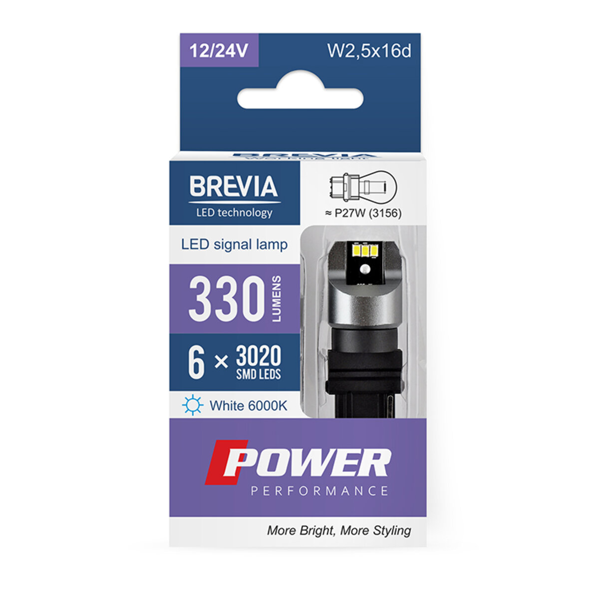 LED автолампа Brevia Power P27W (3156) 330Lm 6x3020SMD 12/24V CANbus, 2шт (10138X2) смотреть фото №1