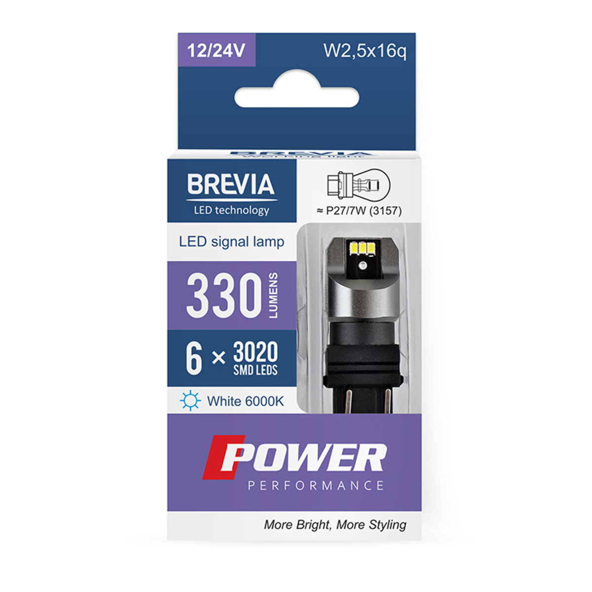 LED автолампа Brevia Power P27/7W (3157) 330Lm 6x3020SMD 12/24V CANbus, 2шт (10139X2) дивитися фото №1