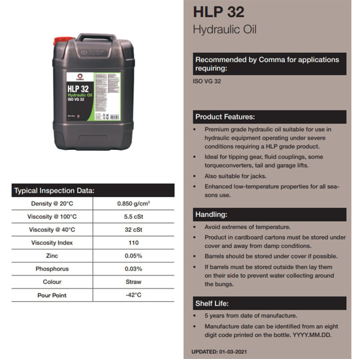 Гідравлічна рідина Comma HLP 32 HYDRAULIC OIL 20л (H3220L) дивитися фото №2