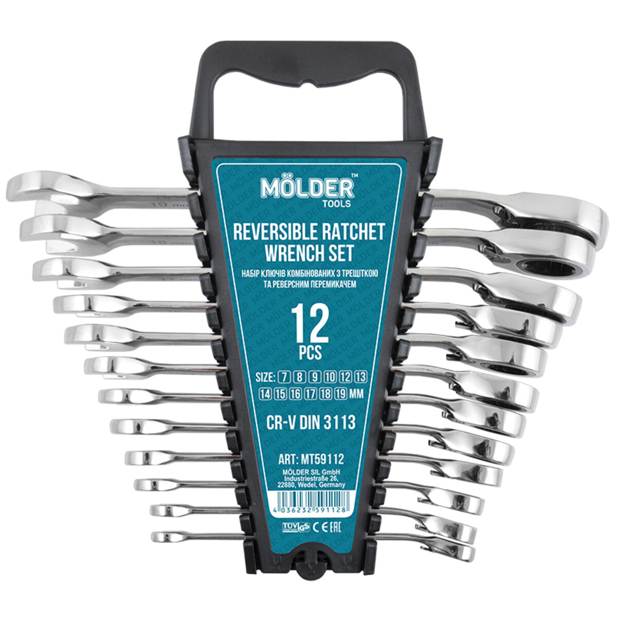 Набір ключів Molder CR-V (7-8-9-10-12-13-14-15-16-17-18-19мм), 12шт (MT59112) дивитися фото №1