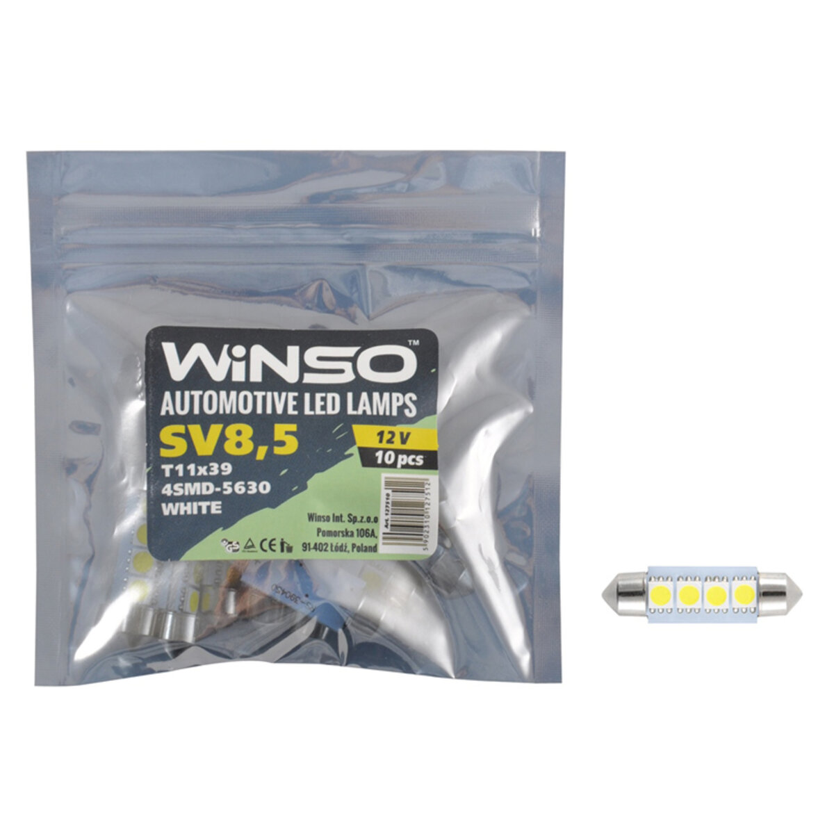 LED автолампа Winso 12V SMD SV8.5 T11x39 4LEDS 5630 white 10шт (127510) дивитися фото №1