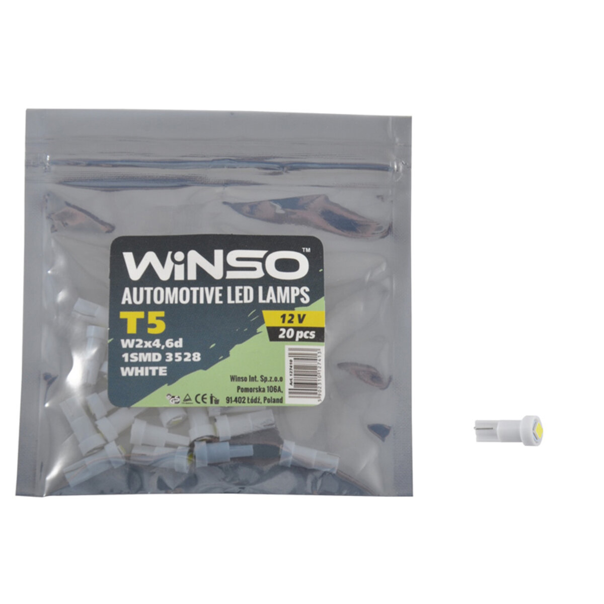 LED автолампа Winso 12V SMD T5 W2x4.6d, 20шт 127410 (127410) дивитися фото №1