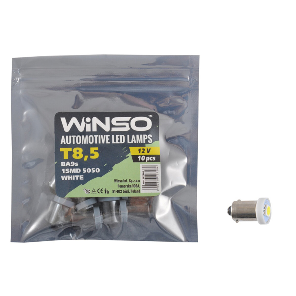 LED автолампа Winso 12V SMD T8.5 BA9s, 10шт 127280 (127280) дивитися фото №1