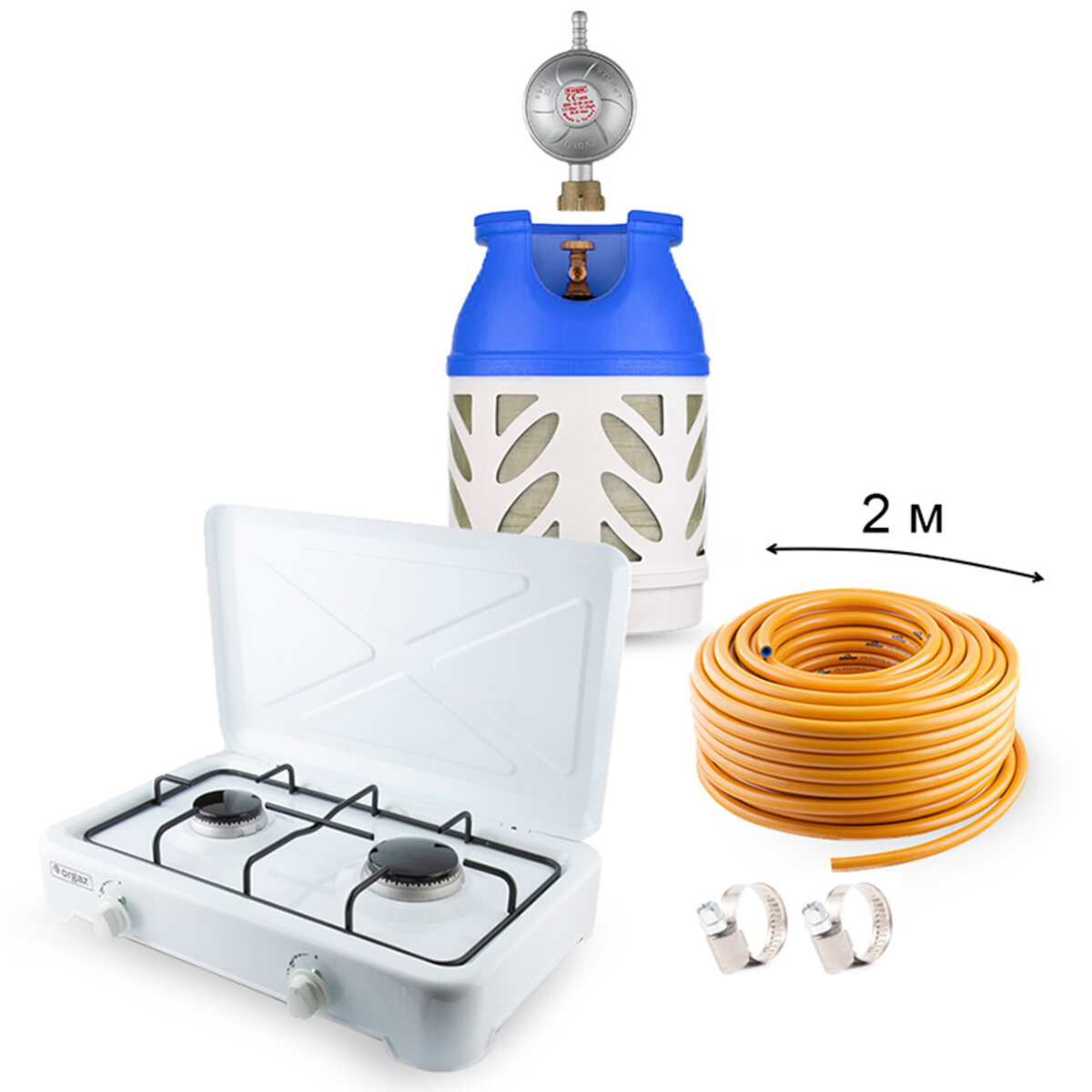 Набір газовий: балон Hexagon 18,2л, редуктор, шланг, портативна плита OR-201, хомути (NC00850) дивитися зображення №1