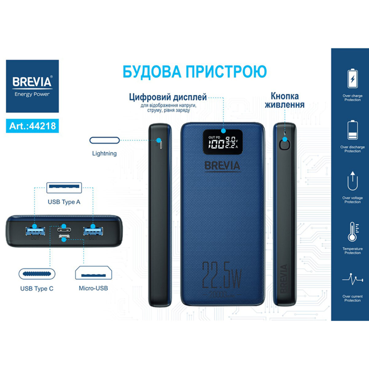 Повербанк (Power Bank) Brevia 20000mAh 22,5W Li-Pol, LCD (44218) дивитися фото №3