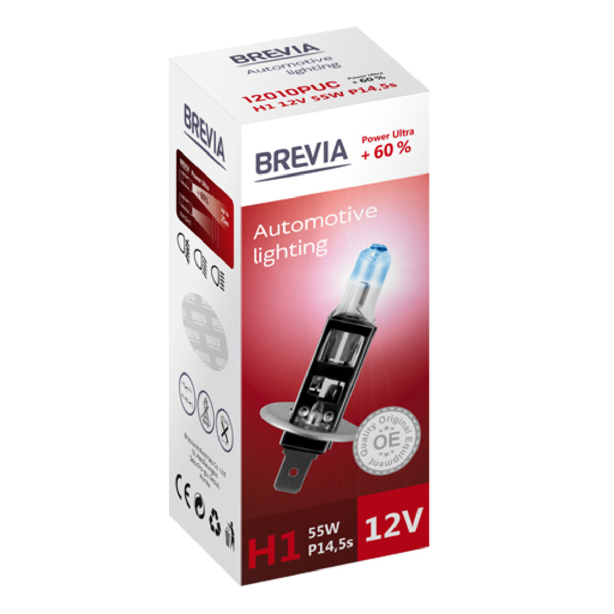 Галогенова лампа Brevia H1 12V 55W P14.5s Power Ultra +60% CP (12010PUC) дивитися фото №1