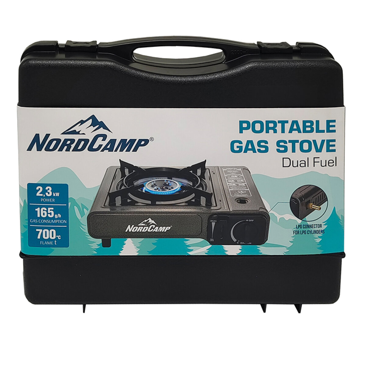 Портативна газова плита Nord Camp 2,3кВт з пєзопідпалом та перехідником для побутового балону Dual fuel (NC10110) дивитися фото №2