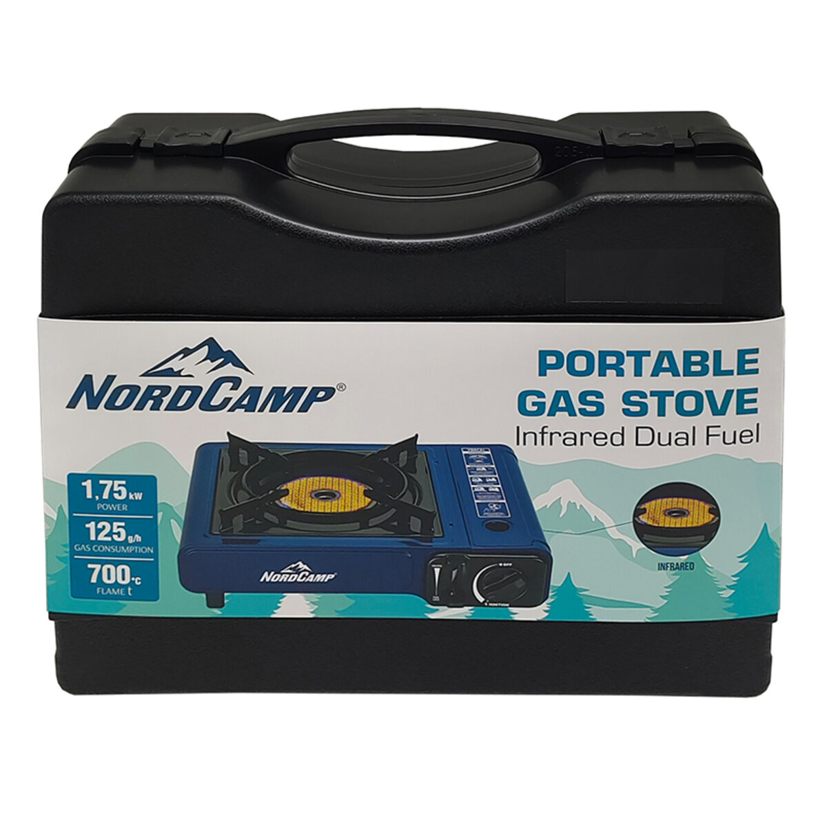 Портативна газова плита Nord Camp 1,75кВт з пєзопідпалом та перехідником для побутового балону Infrared, Dual fuel (NC10130) дивитися фото №2