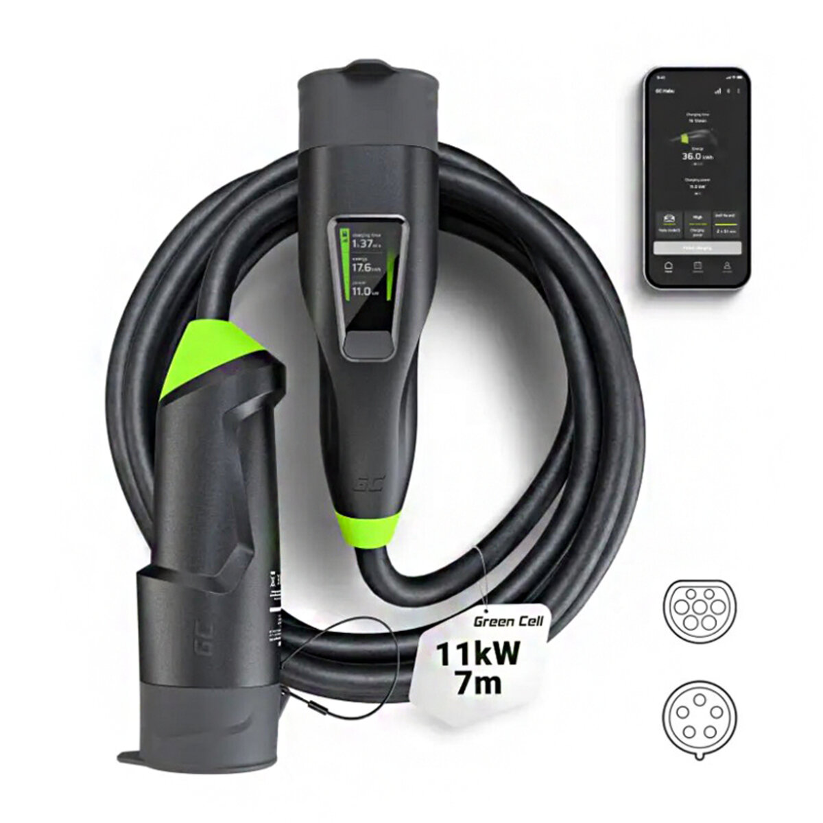 Мобильное зарядное устройство для Green Cell Habu EV 11кВт 7м Type-2 для CEE, 16А Wallbox 2в1 с приложением GC (EVGC01) смотреть фото №1