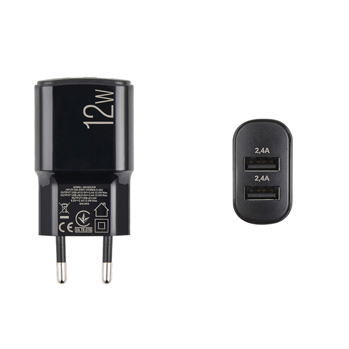 Мережевий зарядний пристрій Brevia ePower 12W 2xUSB-A + кабель USB-A to Lightning 1м чорний (45012DULB) дивитися фото №4