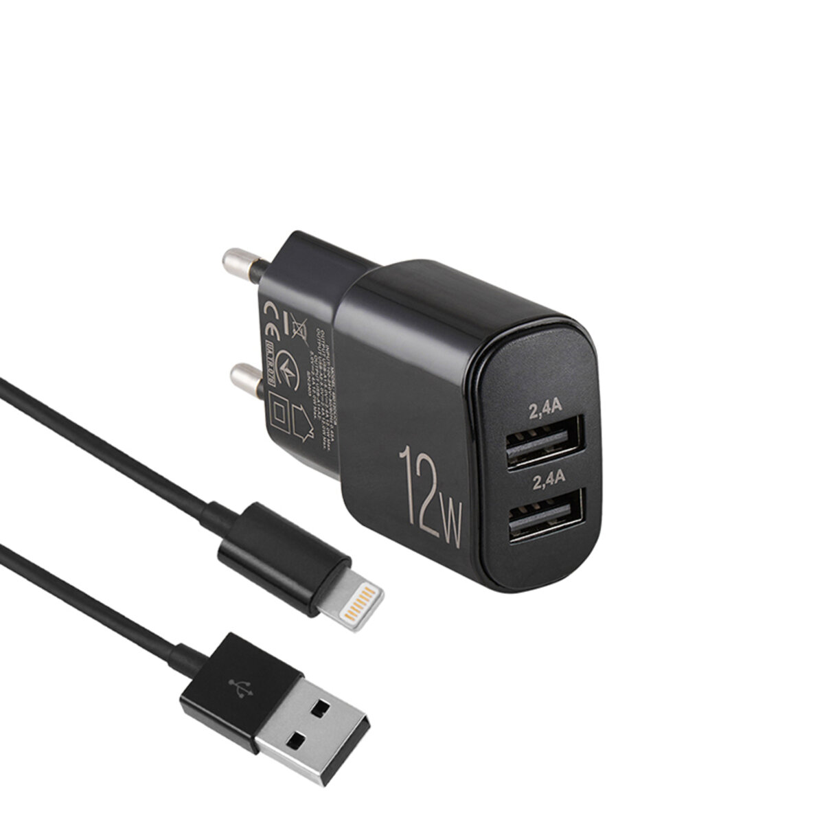 Мережевий зарядний пристрій Brevia ePower 12W 2xUSB-A + кабель USB-A to Lightning 1м чорний (45012DULB) дивитися фото №2