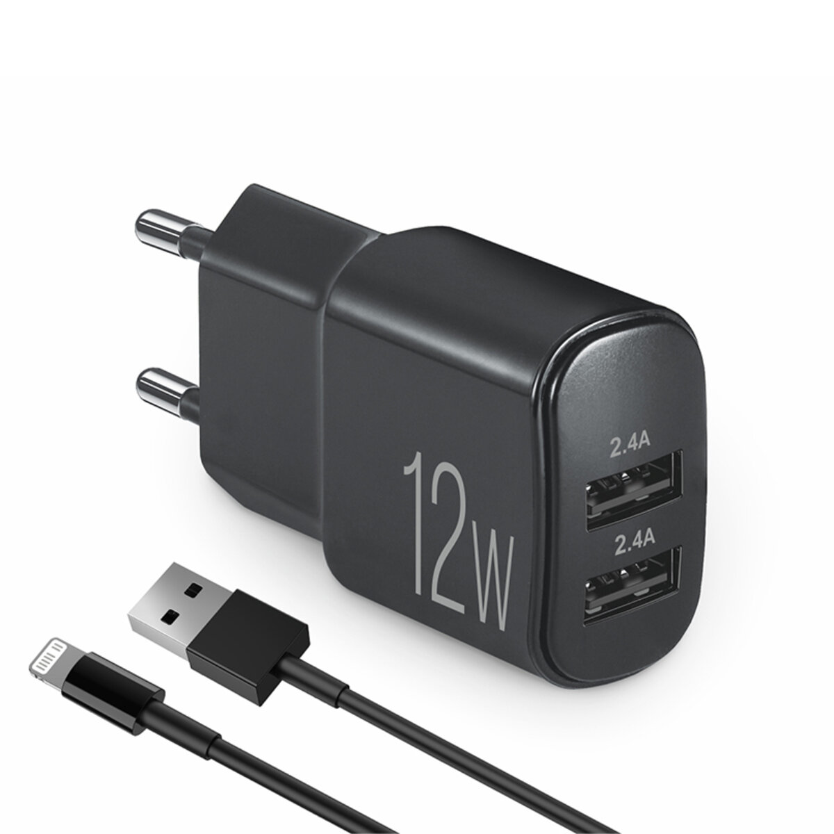 Мережевий зарядний пристрій Brevia ePower 12W 2xUSB-A + кабель USB-A to Lightning 1м чорний (45012DULB) дивитися фото №1