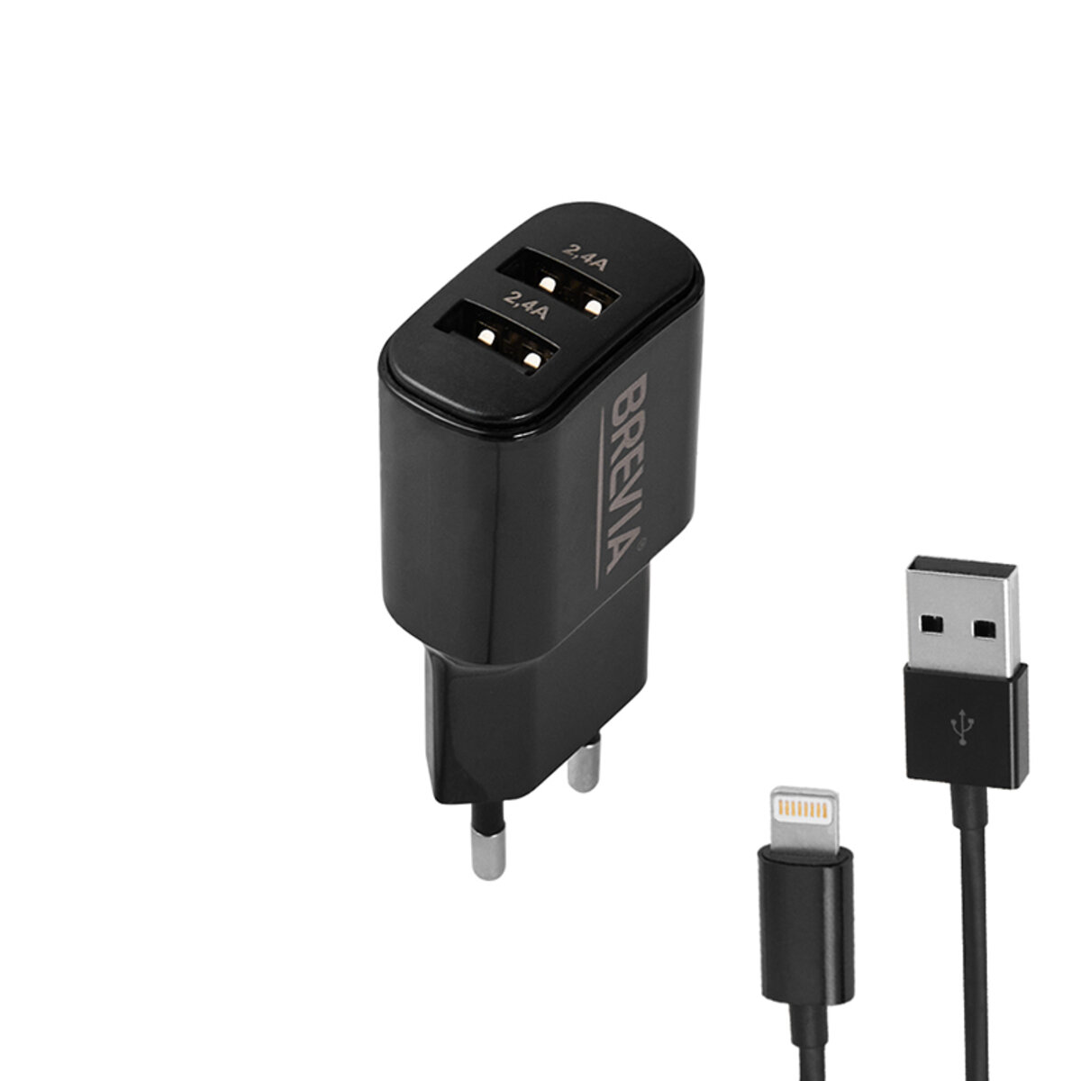 Мережевий зарядний пристрій Brevia ePower 12W 2xUSB-A + кабель USB-A to Lightning 1м чорний (45012DULB) дивитися фото №3