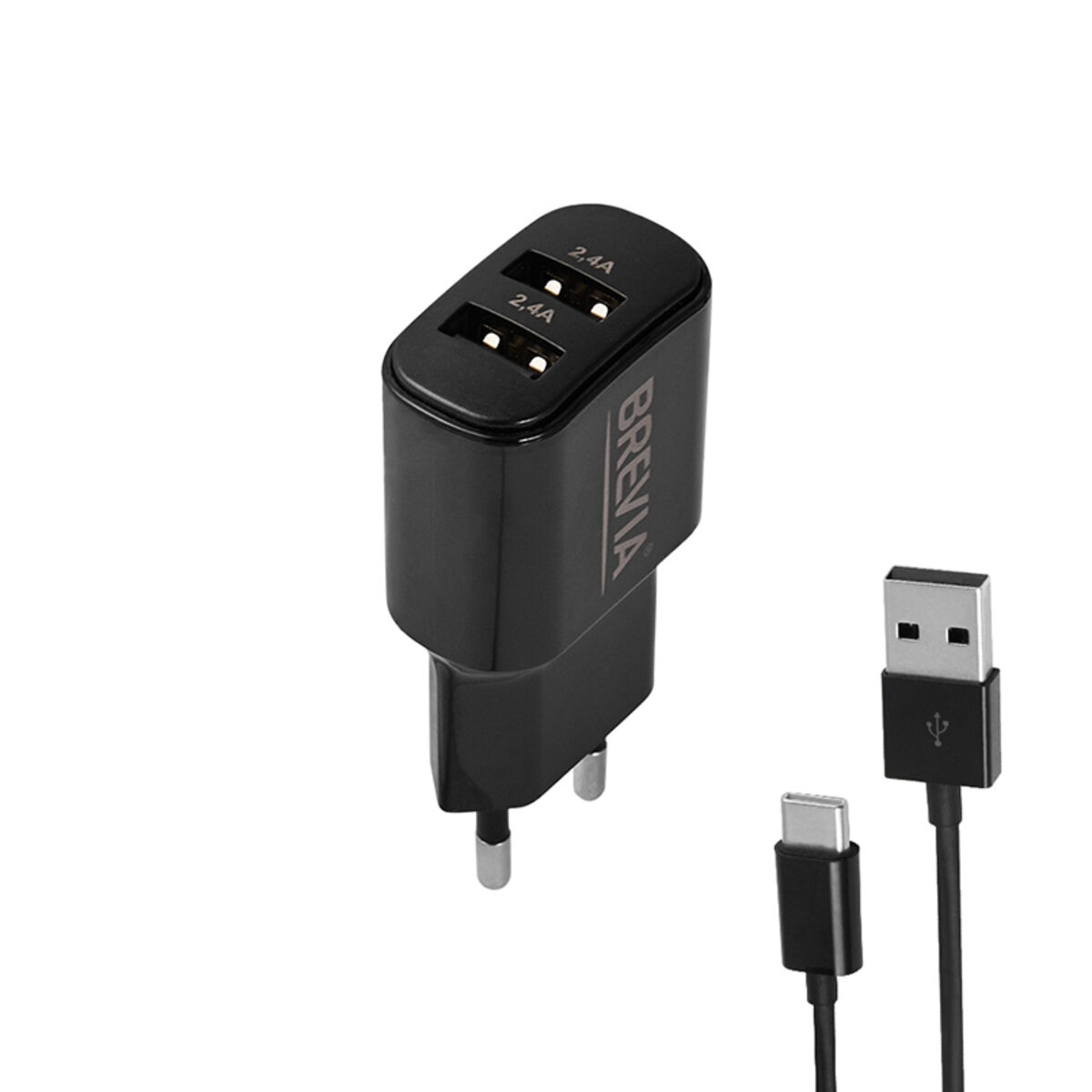 Мережевий зарядний пристрій Brevia ePower 12W 2xUSB-A + кабель USB-A to USB-C 1м чорний (45012DUCB) дивитися фото №3
