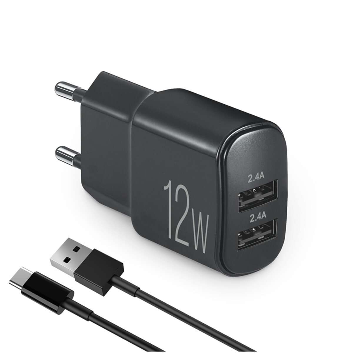 Мережевий зарядний пристрій Brevia ePower 12W 2xUSB-A + кабель USB-A to USB-C 1м чорний (45012DUCB) дивитися фото №1