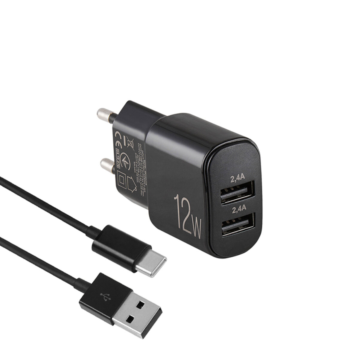 Мережевий зарядний пристрій Brevia ePower 12W 2xUSB-A + кабель USB-A to USB-C 1м чорний (45012DUCB) дивитися фото №2