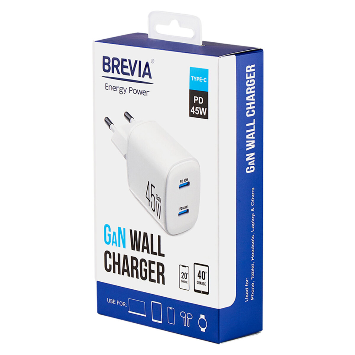 Мережевий зарядний пристрій Brevia ePowerGaN PD45W 2xUSB-C білий (44045GDCW) дивитися фото №5