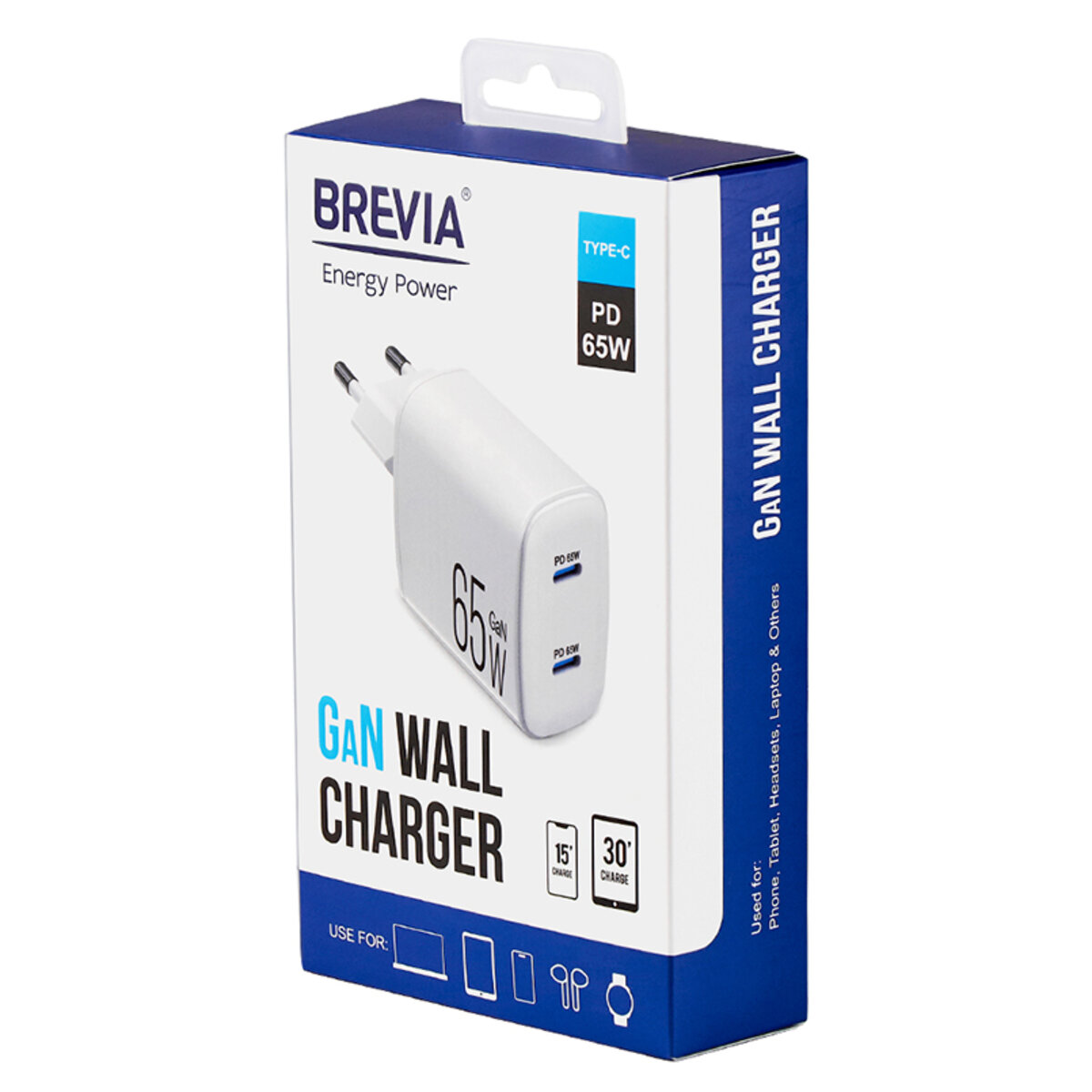 Мережевий зарядний пристрій Brevia ePowerGaN PD65W 2xUSB-C білий (44065GDCW) дивитися фото №6