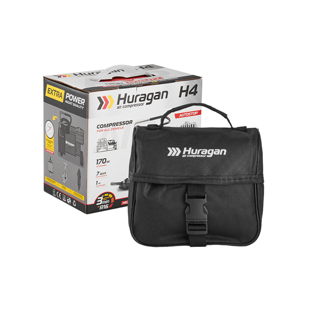 Компресор автомобільний Huragan з автостопом 12В, 7 Атм, 37 л/хв H0400 (H0400) дивитися фото №2