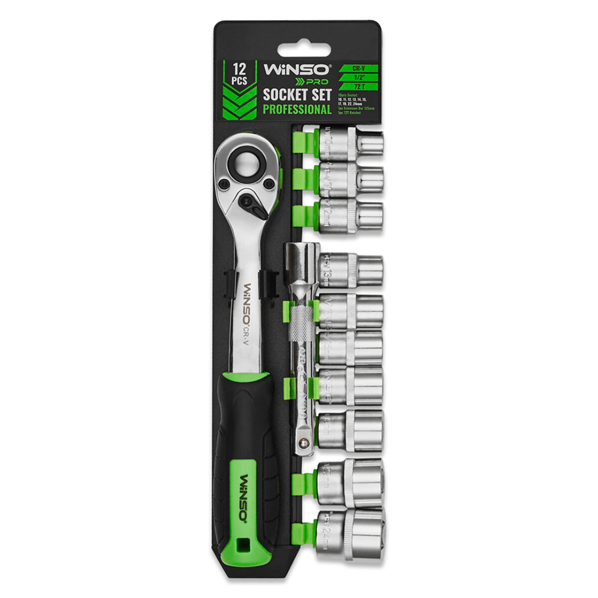 Професійний набір головок торцевих з тріскачкою та подовжувачем Winso Pro 1/2 72Т CR-V 10-24мм 12шт (902012) дивитися фото №1