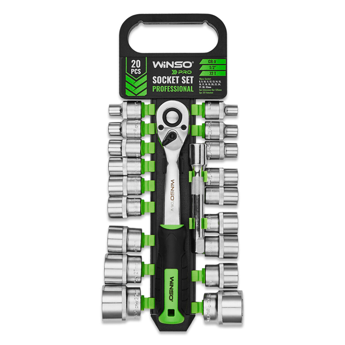 Професійний набір головок торцевих з тріскачкою та подовжувачем Winso Pro 1/2 72Т CR-V 8-32мм 20шт (902020) дивитися фото №1
