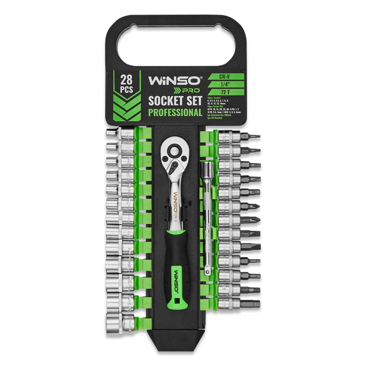 Професійний набір головок торцевих з тріскачкою та подовжувачем Winso Pro CR-V 1/4 72Т 28шт (904028) дивитися фото №1