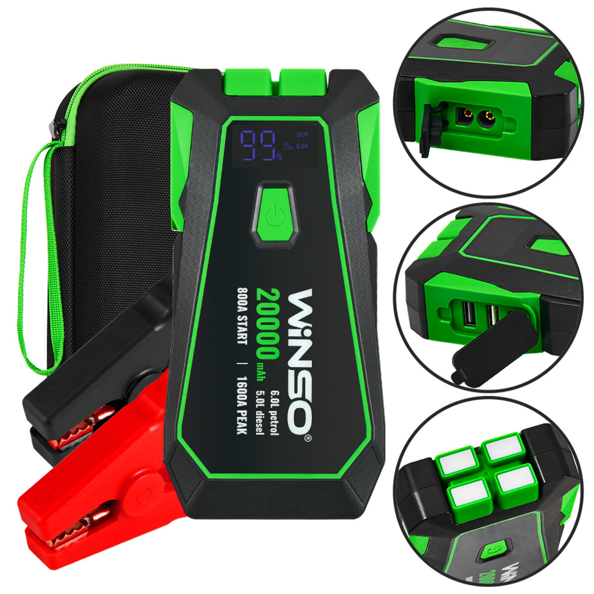Бустер (пусковий пристрій) Winso Jump Starter 800A/1600A 20000mAh зі Smart-клемами (140800) дивитися фото №2