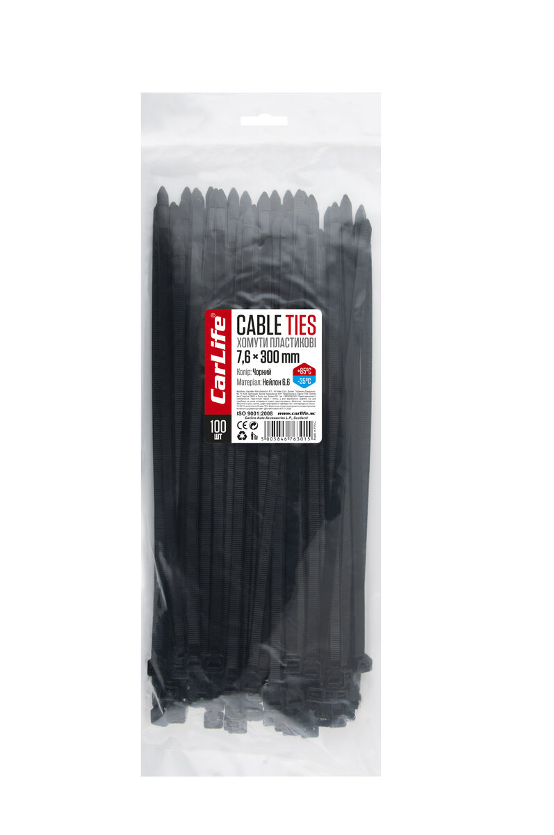 Хомути пластикові чорні 7,6x300мм, 100шт (BL7,6x300) дивитися фото №1