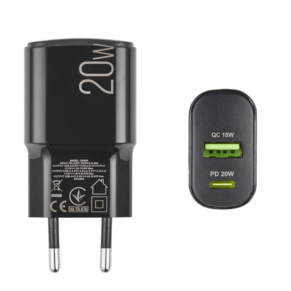 Мережевий зарядний пристрій Winso Pro PD20W USB-C+USB-A чорний (220020) дивитися фото №3